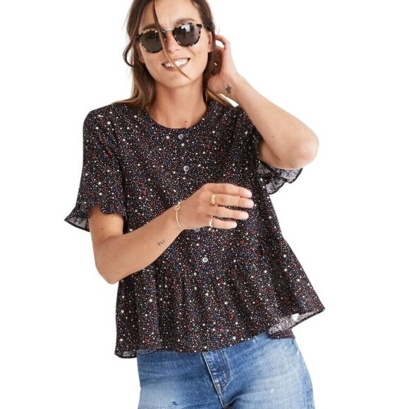 Madewell Womens Star Print Button-Down Blouse Size XS Short Sleeve Cotton Top - Picture 1 of 9